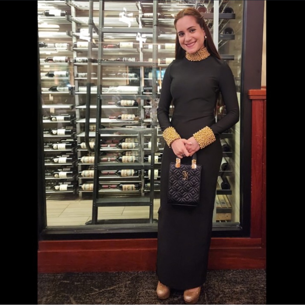 Fashion Nova Black Maxi Dress with Gold Beaded Collar and Cuffs
